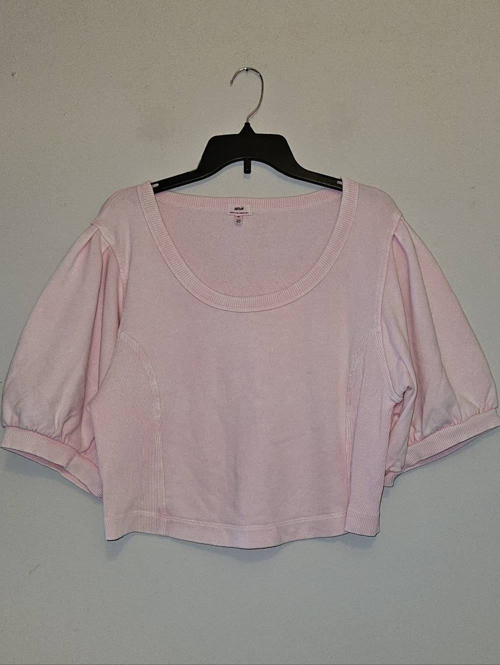Aerie Ribbed Short Sleeve Crop Puff-Sleeve Sweatshirt - Light Pink